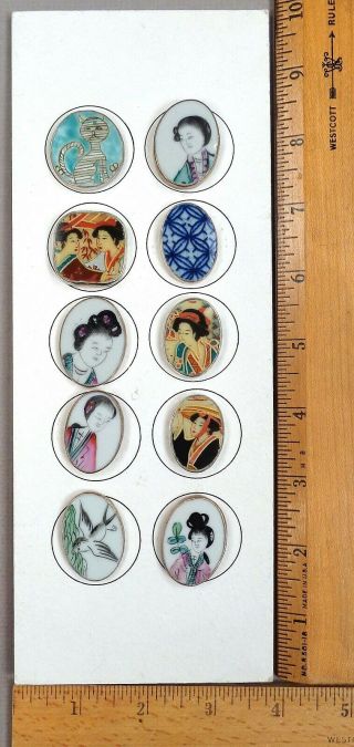 Card Of 10 Vintage China Buttons Set In Metal,  Assorted Oriental People,  Animals