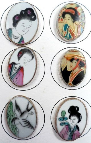 Card of 10 Vintage China BUTTONS Set in Metal,  Assorted Oriental People,  Animals 3