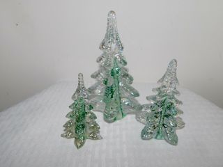 Vintage Set Of 3 Glass Christmas Trees - Iridescent/green Ribbon
