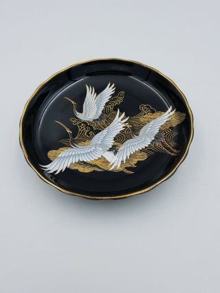 Vintage Black Shibata 044 Japan Porcelain Dish Plate White Cranes Storks Gold