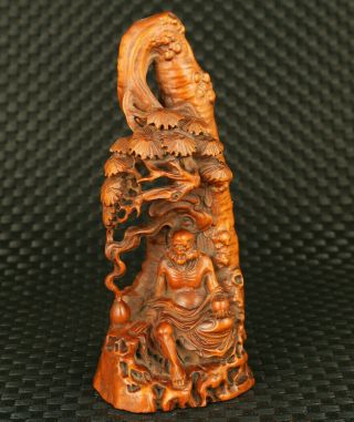 Blessing Chinese Old Boxwood Buddha Under Tree Statue Noble Table Decoration