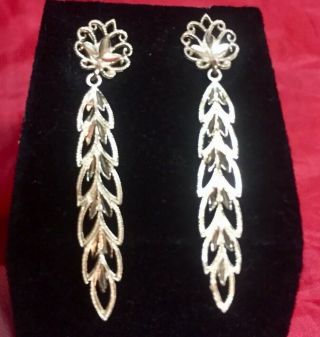 Vintage Solid 14k Yellow Gold Diamond Cut Etched Feather Drop Filigree Earrings