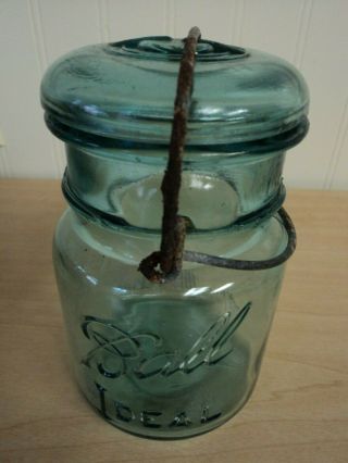 Vintage 1908 Ball Ideal Pint Blue Glass Canning Mason Jar With Wire Bail & Lid