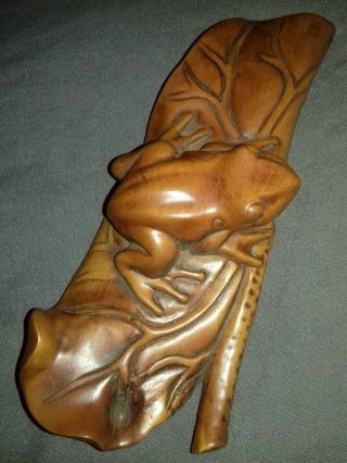 Chinese Hand Carved Boxwood Wooden Frog Toad Lotus Leaf Statue Figure Ornament