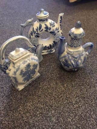 Vintage Chinese Tea Pots (x 3) Blue And White Ceramic / Perfect