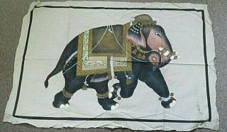As Seen Vintage Hand Painted Elephant Picture On Silk 59 H X 86 Cm W