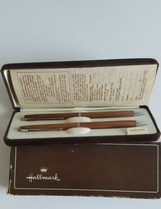 Hallmark Ball Point Pen And Pencil Set Wooden Rosewood Vintage With Box