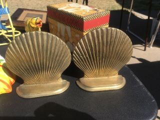 2 Vintage Solid Brass 5 Inch Clam Sea Shell Bookends Nautical Decor