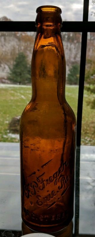 Vintage Amber F P Freger Beer Bottle Hand Finished Embossed Erie Pa Pennsylvania