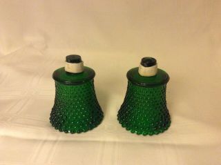 2 Homco Green Hobnail Peg Votive Pressed Glass Candle Holders
