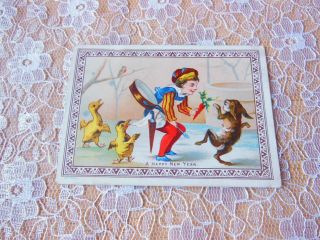 Victorian Year Card/boy Giving Carrot To Dancing Rabbit/goodall