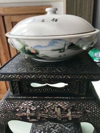 Chinese Antique Porcelain Large Bowl Holder Pot With Cover Scholar Art