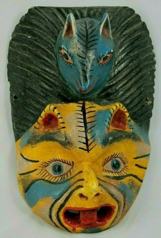 Vtg Mexican Wood Hanging Mask Folk Art Hand Crafted/painted Decor Jaguar/bat