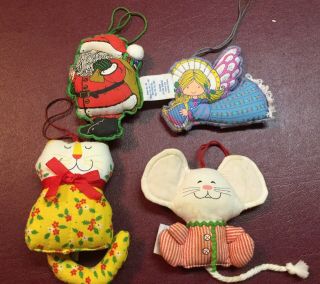 Four Vintage Hallmark Christmas Cloth Ornaments - Santa,  Angel,  Cat,  And Mouse