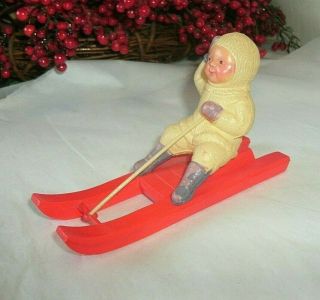Vintage Celluloid Toy Sled With Boy Waving,  Japan