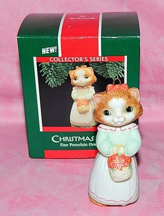Vintage 1989 Hallmark Christmas Kitty Fine Porcelain Ornament Mib Orange Cat