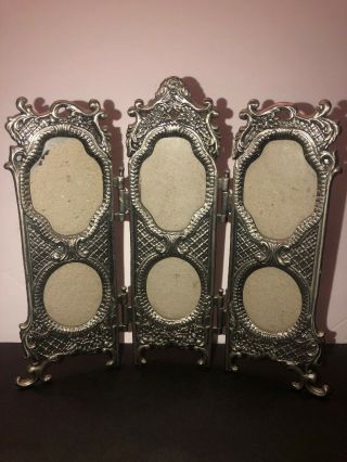 Vintage Etched Metal Mini Folding Privacy Screen Picture Frame Fits 6 Photos 6”