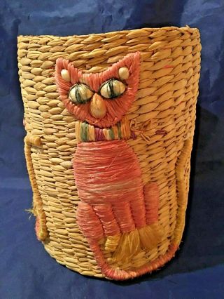 Cat Themed Hand Woven Wicker Wastebasket