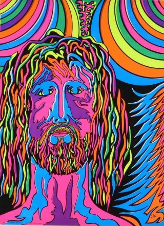 1970 Psychedelic Nos Jesus Christ Superstar Black Light Poster Signed Head Shop