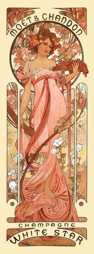 White Star Champagne 1899 Mucha Art Nouveau Advertising Canvas Giclee 17x39 In.