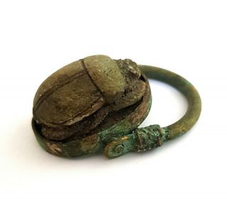 Hieroglyphic Faience Ring Egyptian Antique Scarab Beetle Amulet Ancient Royal