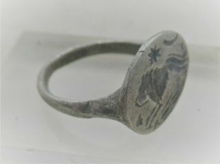 Scarce Ancient Roman Military Silver Seal Ring With Jumping Lion & Star Of David
