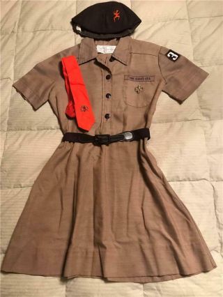 Vintage Brownie Girl Scout Dress Uniform Belt Tie Pin Beanie Cap 1960 