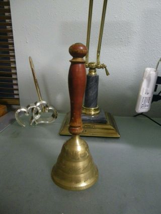 Vintage Brass Hand Held School Bell With Wood Handle 8 " Tall