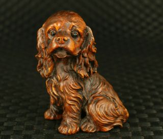 Old Boxwood Hand Carving Lovely Long Hair Dog Statue Netsuke Table Decoration