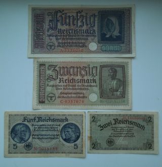 Germany 2,  5,  20,  50 Reichsmark Ww2 1940 - 45 (4 Banknoten),