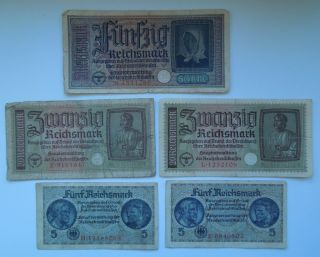 Germany 5,  20,  50 Reichsmark Ww2 1940 - 45 (5 Banknoten),