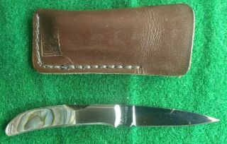 Vintage Seki Japan Al Mar Pocket Knife With Abalone Handles And Leather Case