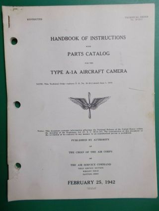 Aircraft Camera Type A - 1a Parts & Instructions Technical Order Usaf Army