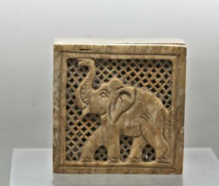 Lovely Vintage Indian Hand Carved Soapstone Trinket Box Elephant Motif