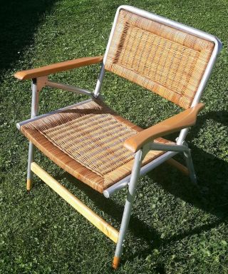 Mid Century Vintage Telescope Folding Chair Co.  Wicker Wood Lawn Patio
