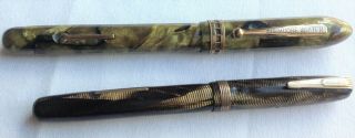 2 Moore Pens - 1932 Writer In Green Marbled & 1944 Brown & Gold Lined
