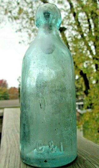 C & L Antique Blob Top Soda Glass Aqua Bottle With Metal Closure