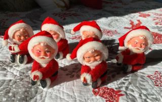 6 Vtg 1960s Clip - On Santa Claus Hugger Christmas Ornaments Vibrant Colors
