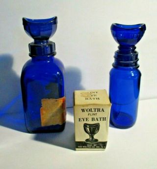 2 Cobalt Blue Glass Bottles W Eye Wash Cup Tops Wyeth & Woltra Flint Box
