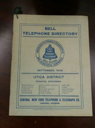 Telephone Directory Book Sept 1909 Bell Telephone Company Cny Utica District