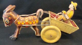 Vintage Marx Tin Toy Wind Up Donkey & Cart Litho