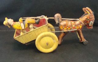 Vintage Marx Tin Toy Wind Up Donkey & Cart Litho 2