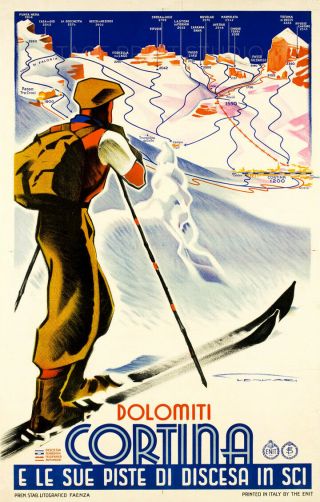 Dolomiti Cortina 1930 Italian Ski Winter Sports Giclee Canvas Print 20x31