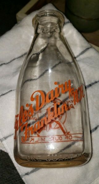 Vintage 1949 Giles Dairy Franklin Hampshire 1 Qt Milk Bottle Orange Pyro