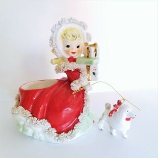 Vintage Napco Red Christmas Ceramic Girl In Red Dress W Presents & Poodle