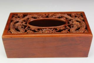 Vintage Chinese Export Carved Wood Pierced Dragon Facial Tissue Box Holder Mws