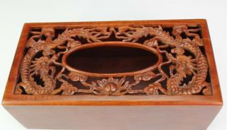 Vintage Chinese Export Carved Wood Pierced Dragon Facial Tissue Box Holder MWS 2