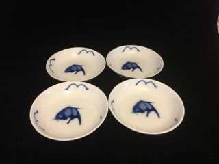 Antique Misty Rose Chinese Porcelain Blue & White Koi Fish Bowls Dish Set Of 4
