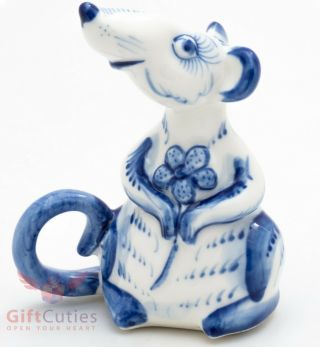 Gzhel Mice Mouse Rat With Flower Porcelain Figurine Souvenir Handmade Гжель