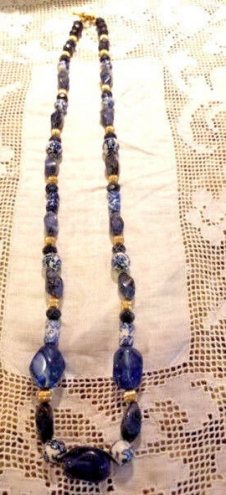 Vintage Chinese Blue And White Porcelain Bead Sapphires/agates Necklace